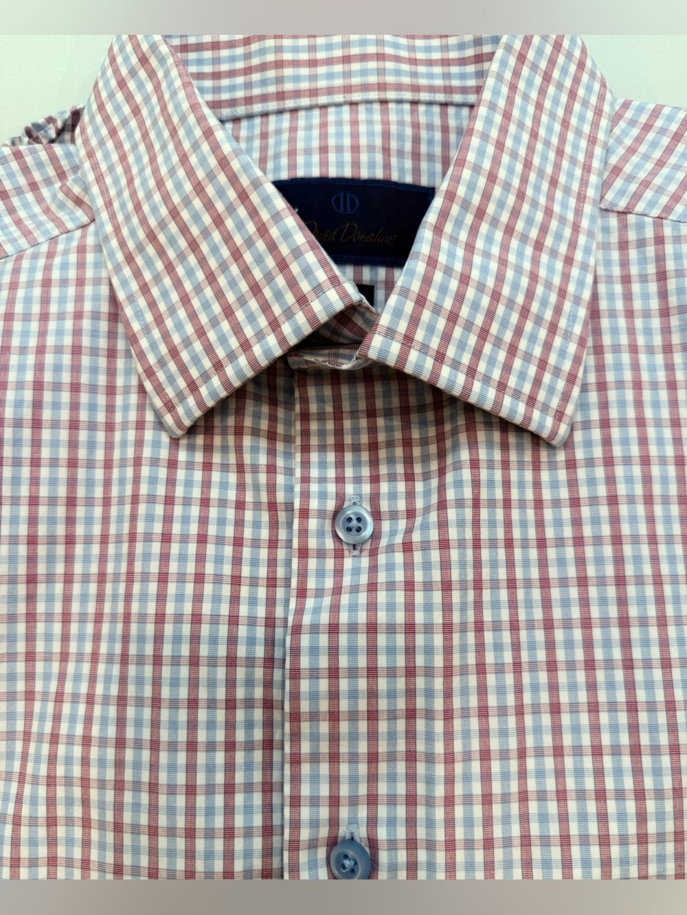 David Donahue Trim crisp cotton light Blue and pink-red Checked Dress Shirt, 17